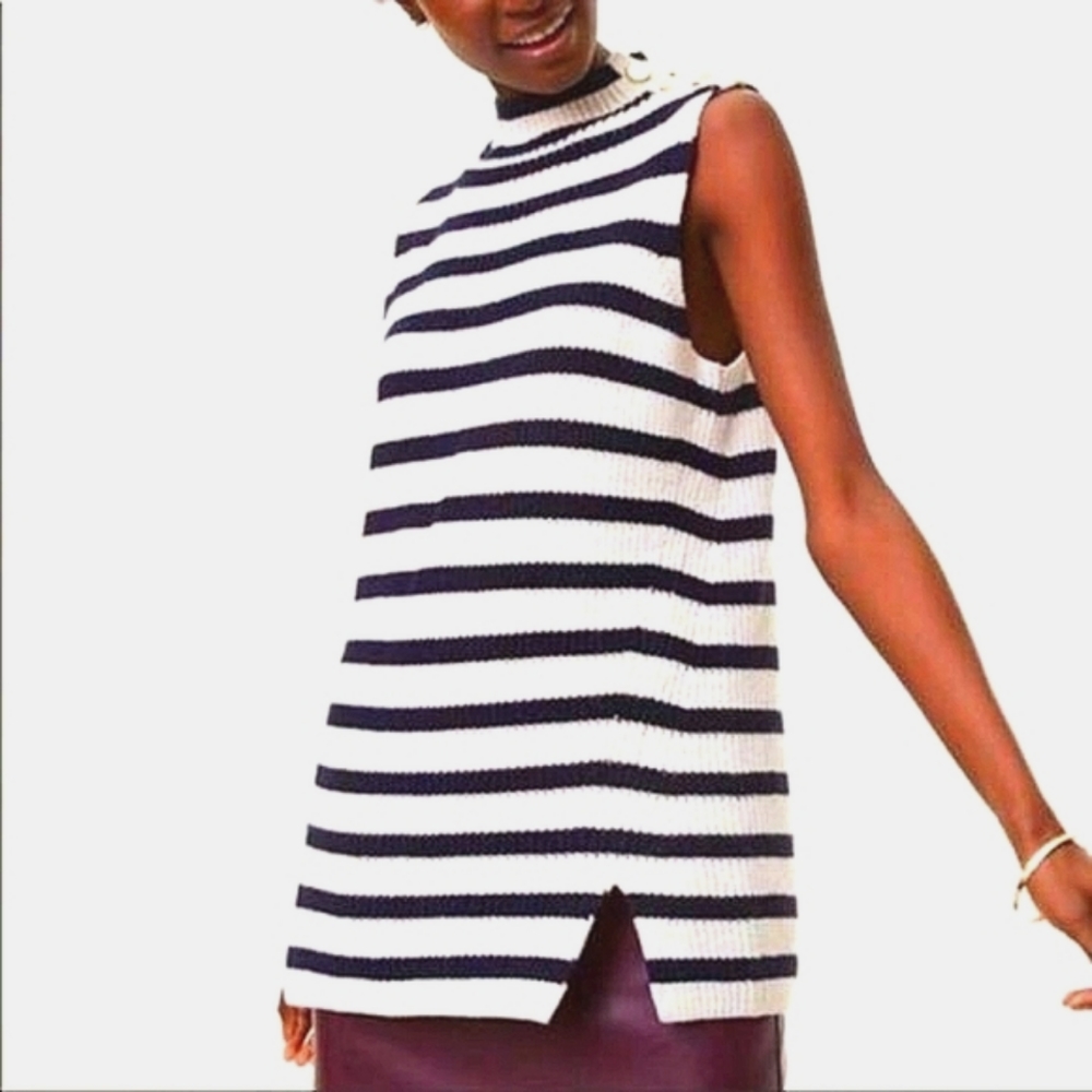 LOFT Striped Sleeveless Tunic Mockneck Sweater w/ Gold Buttons - Size XS